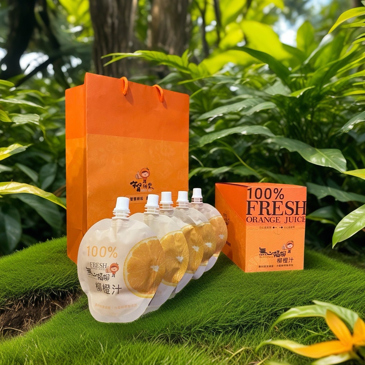 無心插柳 100% 真果汁禮盒，搭配專屬橘色手提袋與精緻包裝，呈現完整送禮推薦組合。這款果汁禮盒由旭利紙器設計，特別適合企業禮贈或年節送禮，包裝設計強調自然環保與健康飲品的品牌形象，是包裝設計的成功案例。